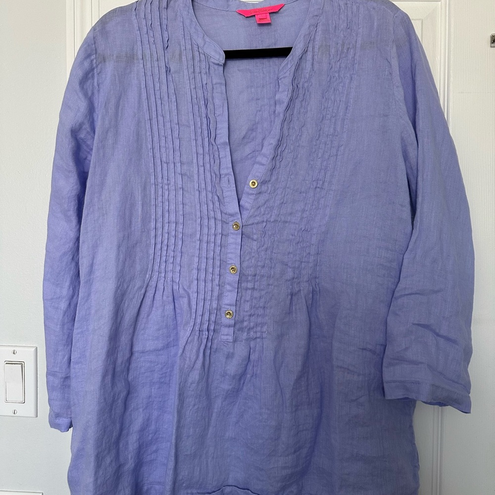 Lilly Pulitzer Blue Pleated Tunic with Mandarin Collar